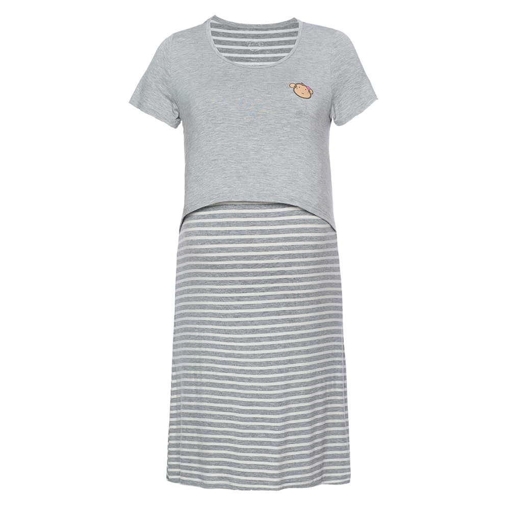 DooDooMooky Maternity & Nursing Dress Small Doo Doo Mooky Face Grey with Stripe Grey & White