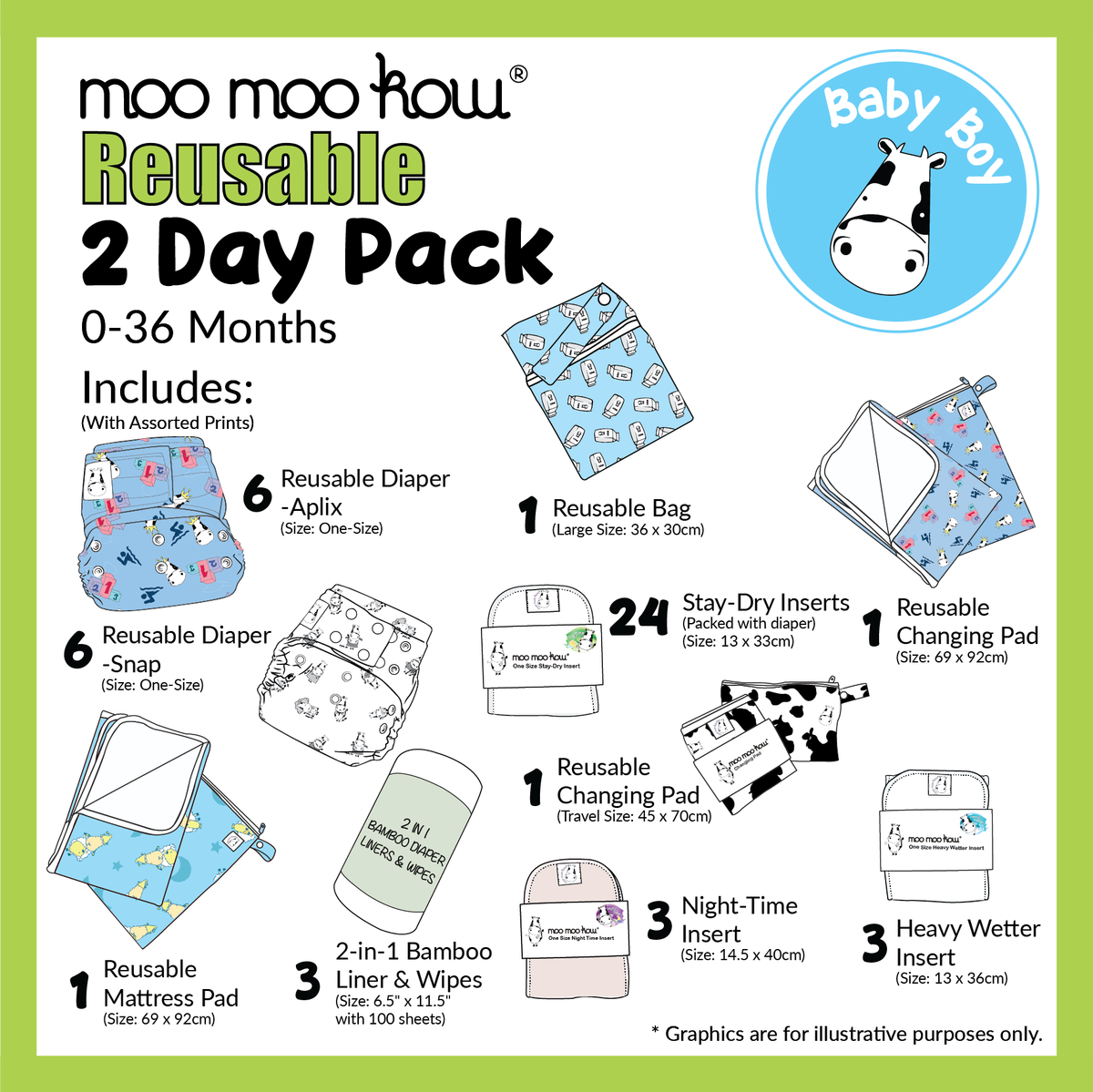 Moo Moo Kow 2 in 1 Bamboo Diaper Liners and Wipes Set of 6