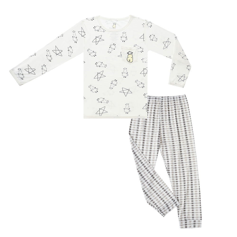 Pyjamas Set Cute Big Star & Sheepz White + Checkers Grey