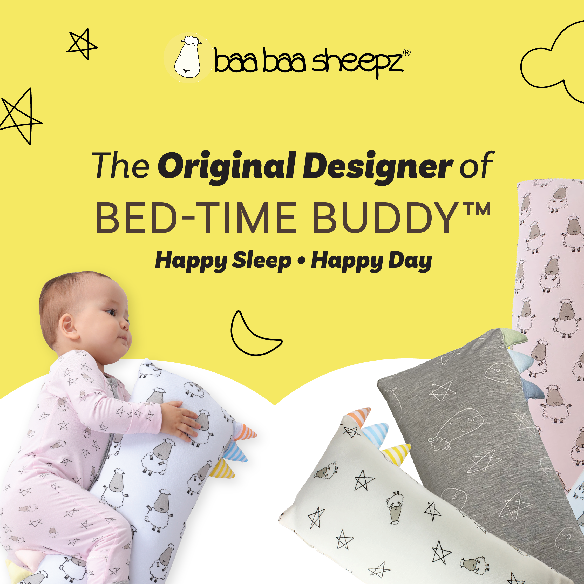 Bed-Time Buddy™ Small Star & Sheepz Yellow with Color & Stripe tag - Medium (size 18x38cm)