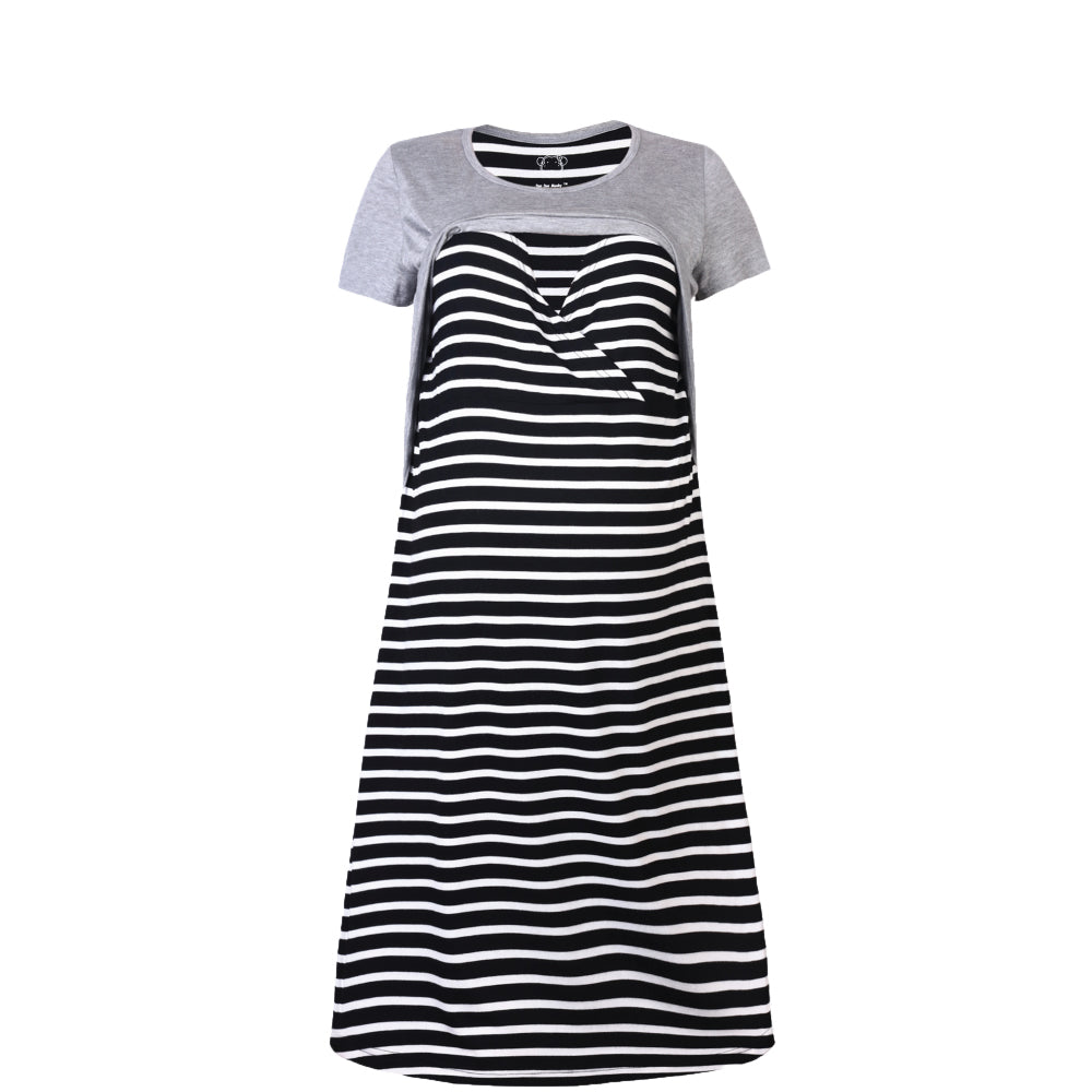 DooDooMooky Maternity & Nursing Dress Grey Top with Black Striped Dress