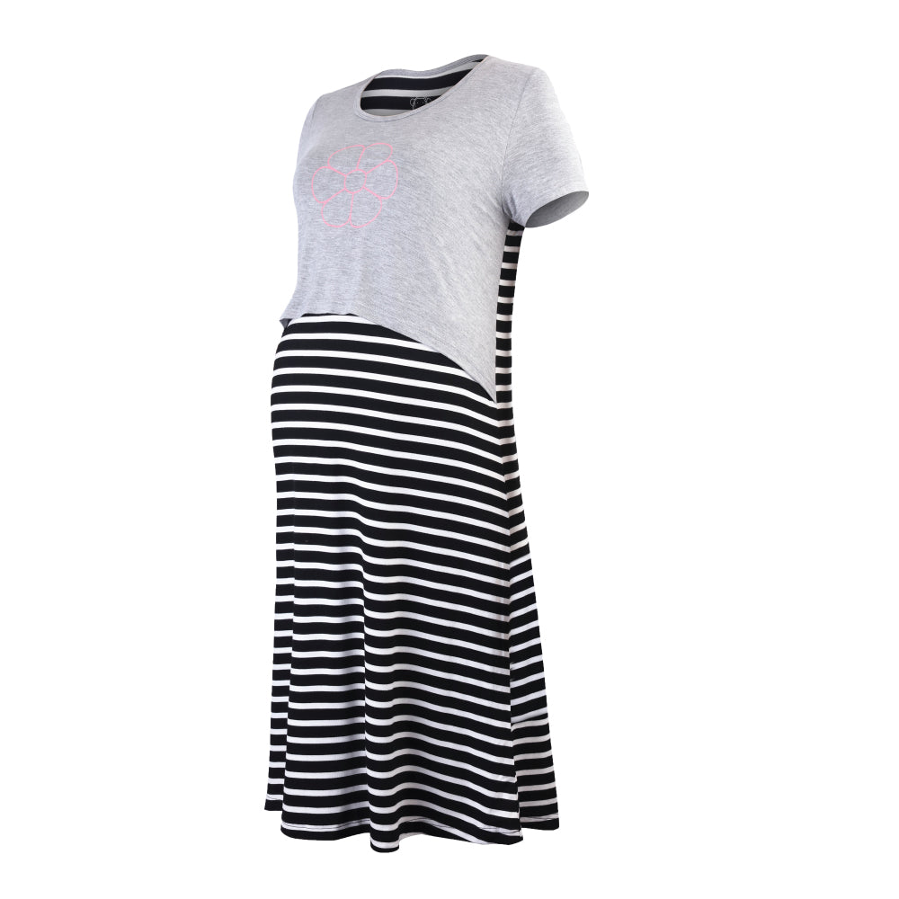 DooDooMooky Maternity & Nursing Dress Grey Top with Black Striped Dress