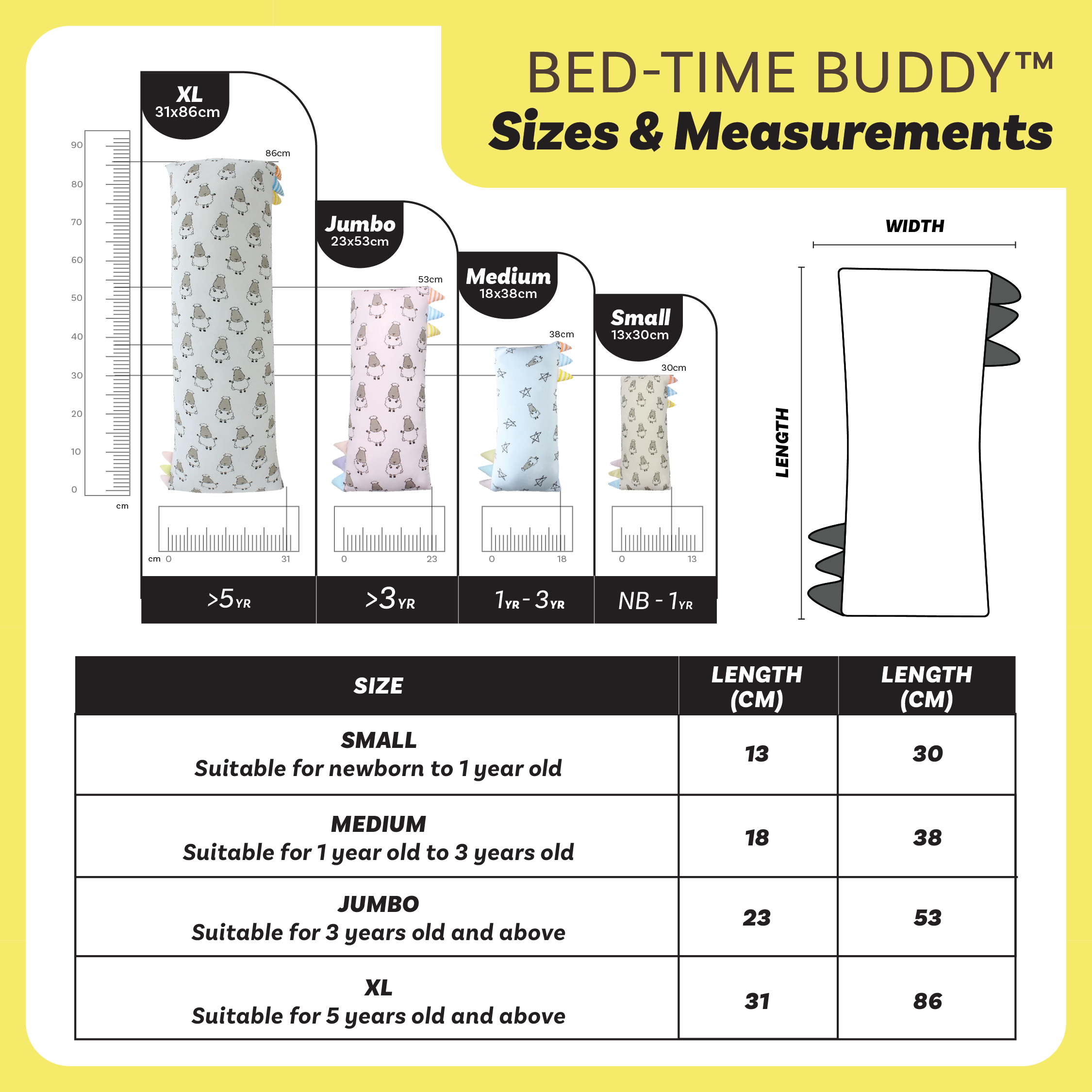 Bed-Time Buddy™ Big Sheepz White with Color & Stripe tag - Jumbo (size 23x53cm)