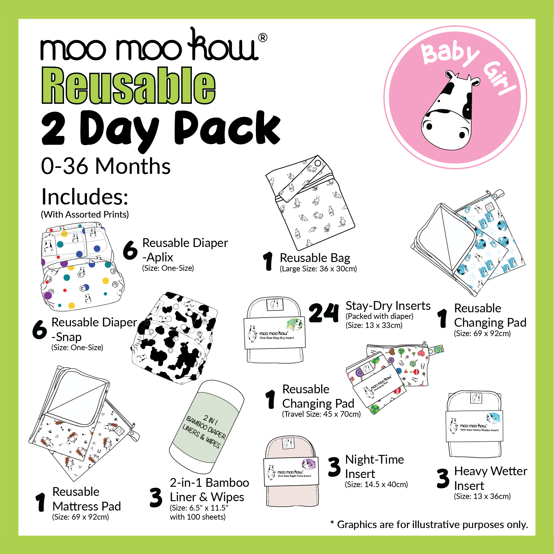 Moo Moo Kow 2 in 1 Bamboo Diaper Liners and Wipes Set of 6