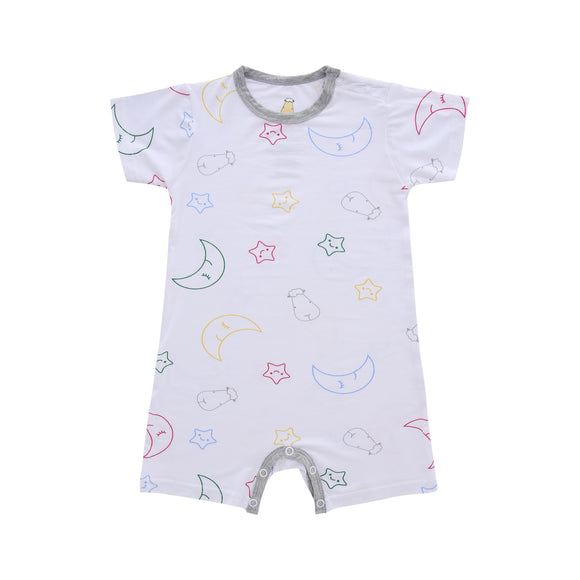 Romper Short Sleeve Colourful Moon & Star White with Grey Border