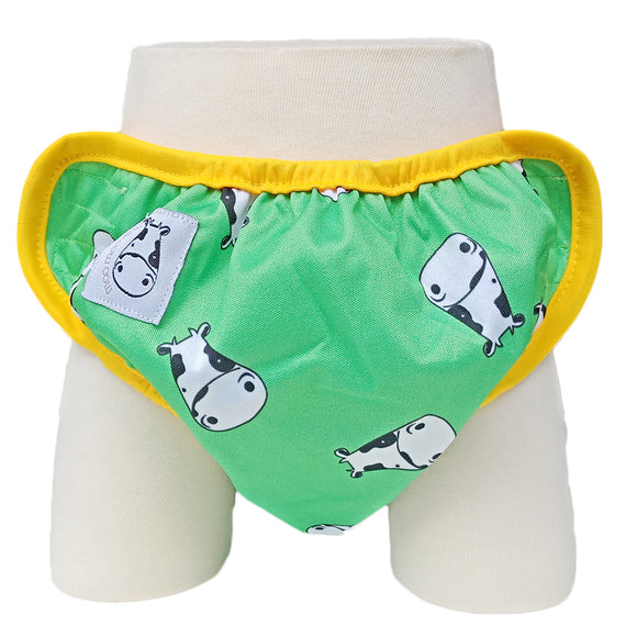 One Size Swim Diaper Lucky Kow Green with Yellow Border